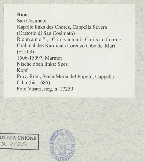 Rückseite von Vasari [https://www.deutsche-digitale-bibliothek.de/content/lizenzen/rv-ez/] Grabmal des Kardinals Lorenzo Cibo de' Mari (+1503)Tugendzyklus in den PilasternischenNische oben links: Spes - Kopf, bh477508_recto. Foto.