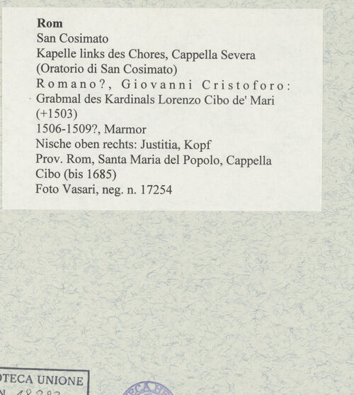 Rückseite von Vasari [https://www.deutsche-digitale-bibliothek.de/content/lizenzen/rv-ez/] Grabmal des Kardinals Lorenzo Cibo de' Mari (+1503)Tugendzyklus in den PilasternischenNische oben rechts: Justitia - Kopf, bh477512_recto. Foto.