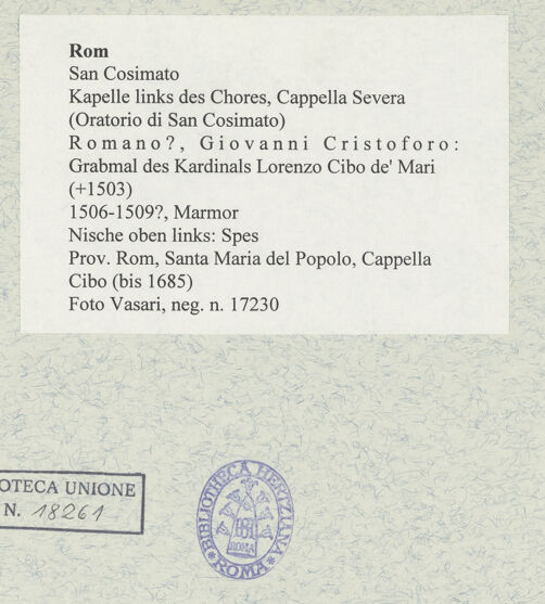 Rückseite von Vasari [https://www.deutsche-digitale-bibliothek.de/content/lizenzen/rv-ez/] Grabmal des Kardinals Lorenzo Cibo de' Mari (+1503)Tugendzyklus in den PilasternischenNische oben links: Spes - , bh477517_recto. Foto.