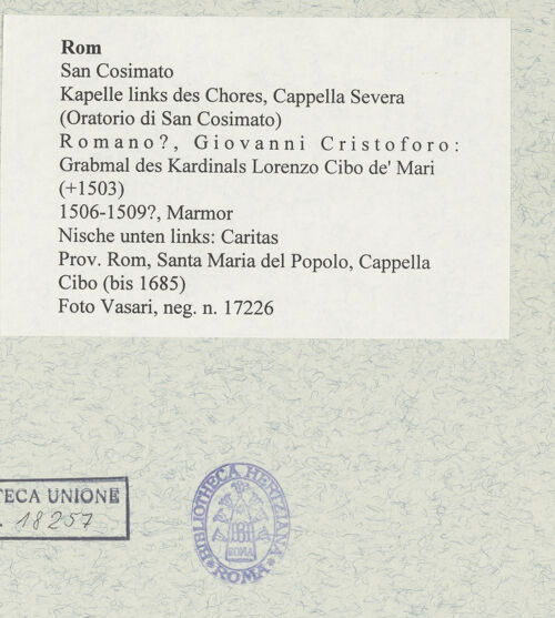 Rückseite von Vasari [https://www.deutsche-digitale-bibliothek.de/content/lizenzen/rv-ez/] Grabmal des Kardinals Lorenzo Cibo de' Mari (+1503)Tugendzyklus in den PilasternischenNische unten links: Caritas - , bh477520_recto. Foto.