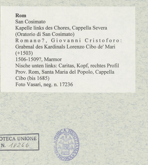 Rückseite von Vasari [https://www.deutsche-digitale-bibliothek.de/content/lizenzen/rv-ez/] Grabmal des Kardinals Lorenzo Cibo de' Mari (+1503)Tugendzyklus in den PilasternischenNische unten links: Caritas - Kopf, rechtes Profil, bh477522_recto. Foto.