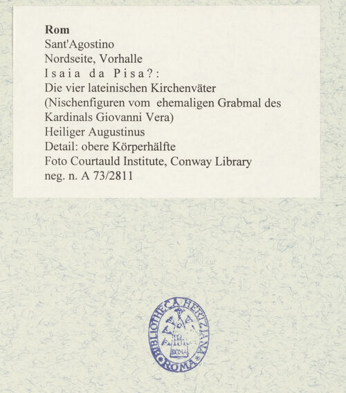 Rückseite von Courtauld Institute, Conway Library [https://www.deutsche-digitale-bibliothek.de/content/lizenzen/rv-ez/] Die vier lateinischen KirchenväterHeiliger Augustinus - Detail: obere Körperhälfte, bh477538_recto. Foto.