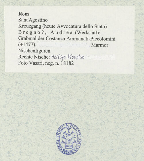 Rückseite von Vasari [https://www.deutsche-digitale-bibliothek.de/content/lizenzen/rv-ez/] Grabmal der Costanza Ammanati-Piccolomini (+1477)NischenfigurenRechte Nische: Heilige Monika - Rechte Nische: Heilige Monika, bh477562_recto. Foto.