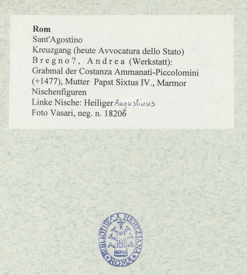Rückseite von Vasari [https://www.deutsche-digitale-bibliothek.de/content/lizenzen/rv-ez/] Grabmal der Costanza Ammanati-Piccolomini (+1477)NischenfigurenLinke Nische: Heiliger Augustinus - , bh477565_recto. Foto.