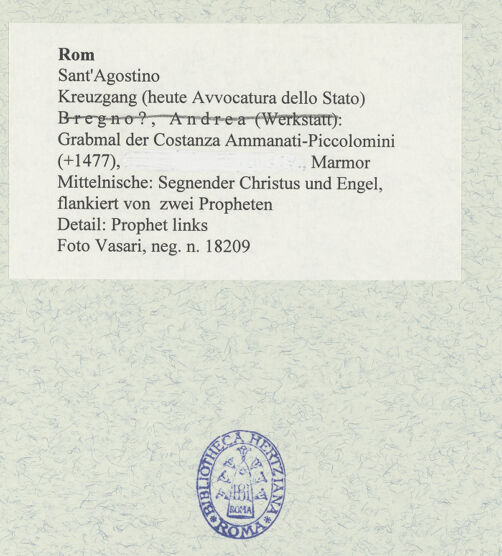 Rückseite von Vasari [https://www.deutsche-digitale-bibliothek.de/content/lizenzen/rv-ez/] Grabmal der Costanza Ammanati-Piccolomini (+1477)Mittelnische: Segnender Christus und Engel, flankiert von zwei Propheten - Detail: Prophet links, bh477569_recto. Foto.