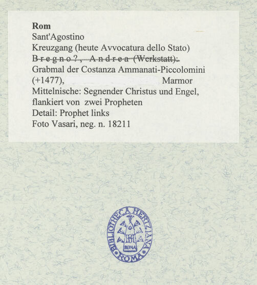 Rückseite von Vasari [https://www.deutsche-digitale-bibliothek.de/content/lizenzen/rv-ez/] Grabmal der Costanza Ammanati-Piccolomini (+1477)Mittelnische: Segnender Christus und Engel, flankiert von zwei Propheten - Detail: Prophet links, bh477570_recto. Foto.