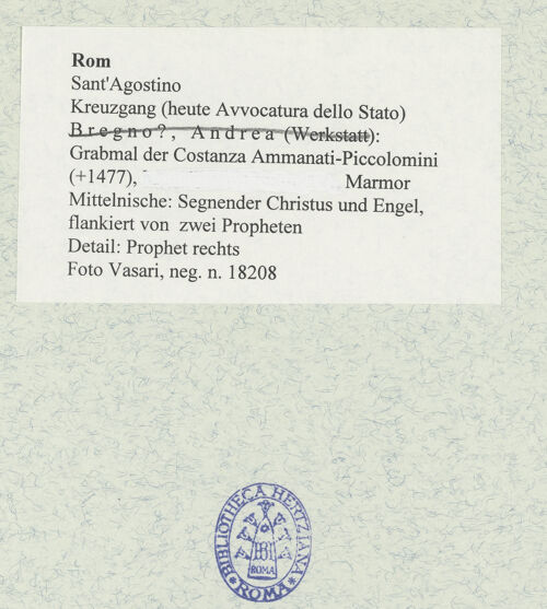 Rückseite von Vasari [https://www.deutsche-digitale-bibliothek.de/content/lizenzen/rv-ez/] Grabmal der Costanza Ammanati-Piccolomini (+1477)Mittelnische: Segnender Christus und Engel, flankiert von zwei Propheten - Detail: Prophet rechts, bh477572_recto. Foto.