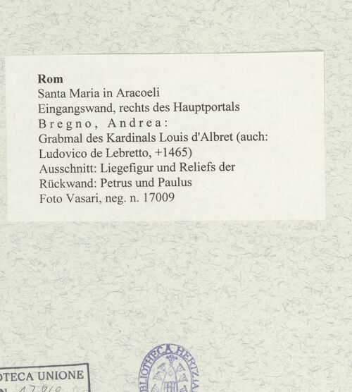 Rückseite von Vasari [https://www.deutsche-digitale-bibliothek.de/content/lizenzen/rv-ez/] Grabmal des Kardinals Louis d'Albret (auch: Ludovico de Lebretto, +1465) - Ausschnitt: Liegefigur und Reliefs der Rückwand: Petrus und Paulus, bh477597_recto. Foto.