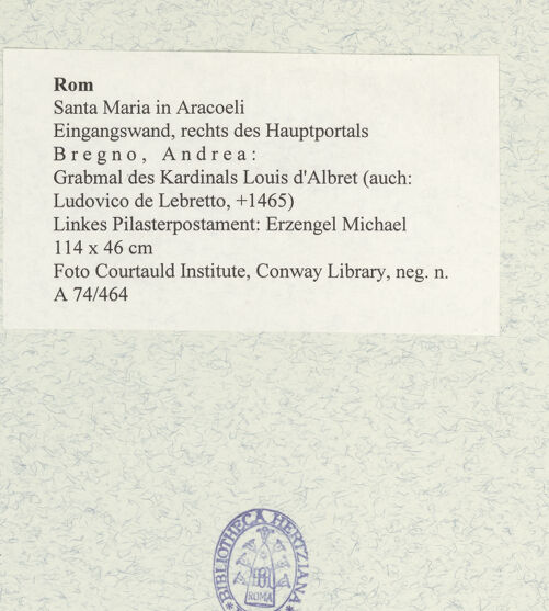 Rückseite von Courtauld Institute, Conway Library [https://www.deutsche-digitale-bibliothek.de/content/lizenzen/rv-ez/] Grabmal des Kardinals Louis d'Albret (auch: Ludovico de Lebretto, +1465)Linkes Pilasterpostament: Erzengel Michael - , bh477603_recto. Foto.