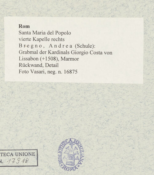 Rückseite von Vasari [https://www.deutsche-digitale-bibliothek.de/content/lizenzen/rv-fz/] Grabmal des Kardinals Giorgio Costa von Lissabon (+1508) - Rückwand, Detail, bh477635_recto. Foto.