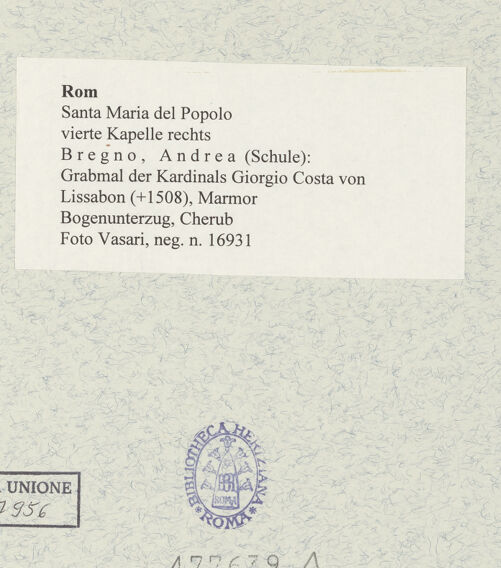 Rückseite von Vasari [https://www.deutsche-digitale-bibliothek.de/content/lizenzen/rv-fz/] Grabmal des Kardinals Giorgio Costa von Lissabon (+1508) - Bogenunterzug, Cherub, bh477639_recto. Foto.