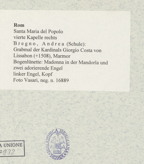 Rückseite von Vasari [https://www.deutsche-digitale-bibliothek.de/content/lizenzen/rv-fz/] Grabmal des Kardinals Giorgio Costa von Lissabon (+1508)Bogenlünette: Madonna in der Mandorla und zwei adorierende Engel - linker Engel, Kopf, bh477649_recto. Foto.