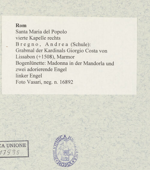 Rückseite von Vasari [https://www.deutsche-digitale-bibliothek.de/content/lizenzen/rv-fz/] Grabmal des Kardinals Giorgio Costa von Lissabon (+1508)Bogenlünette: Madonna in der Mandorla und zwei adorierende Engel - linker Engel, bh477650_recto. Foto.
