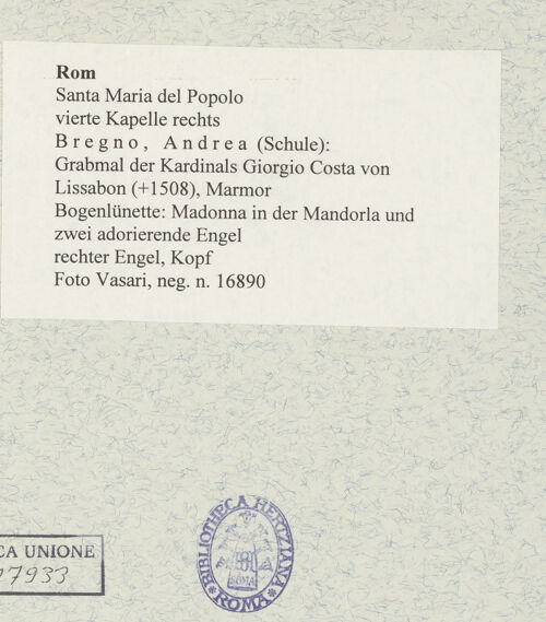 Rückseite von Vasari [https://www.deutsche-digitale-bibliothek.de/content/lizenzen/rv-fz/] Grabmal des Kardinals Giorgio Costa von Lissabon (+1508)Bogenlünette: Madonna in der Mandorla und zwei adorierende Engel - rechter Engel, Kopf, bh477657_recto. Foto.