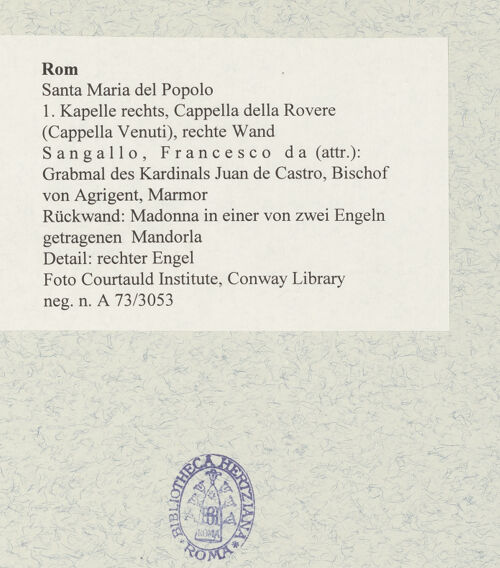 Rückseite von Courtauld Institute, Conway Library [https://www.deutsche-digitale-bibliothek.de/content/lizenzen/rv-ez/] Grabmal des Kardinals Juan de Castro, Bischof von AgrigentRückwand: Madonna in einer von zwei Engeln getragenen Mandorla - Detail: rechter Engel, bh477663_recto. Foto.
