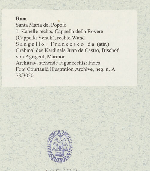 Rückseite von Courtauld Illustration Archive [https://www.deutsche-digitale-bibliothek.de/content/lizenzen/rv-ez/] Grabmal des Kardinals Juan de Castro, Bischof von AgrigentTugendpersonifikationenArchitrav, stehende Figur rechts: Fides - , bh477672_recto. Foto.