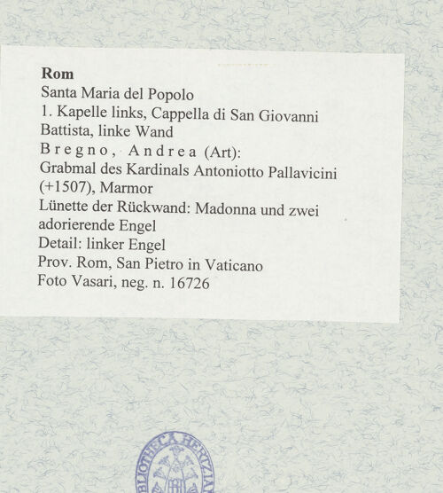 Rückseite von Vasari [https://rightsstatements.org/page/CNE/1.0/] Grabmal des Kardinals Antoniotto Pallavicini (+1507)Lünette der Rückwand: Madonna und zwei adorierende Engel - Detail: linker Engel, bh477682_recto. Foto.