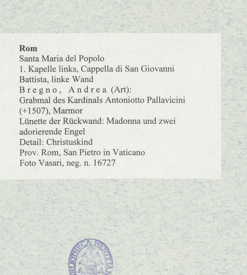 Rückseite von Vasari [https://rightsstatements.org/page/CNE/1.0/] Grabmal des Kardinals Antoniotto Pallavicini (+1507)Lünette der Rückwand: Madonna und zwei adorierende Engel - Detail: Christuskind, bh477683_recto. Foto.