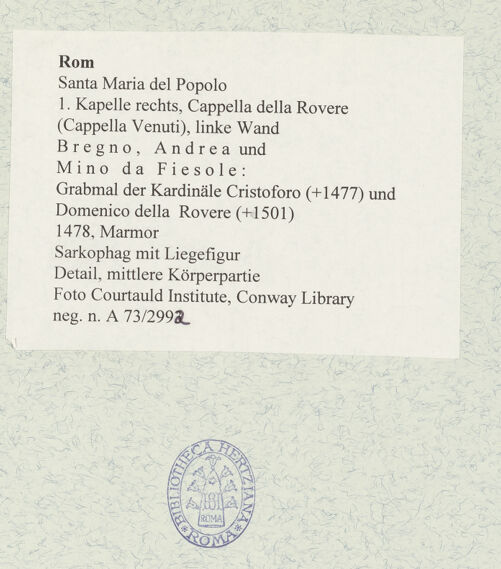 Rückseite von Courtauld Institute, Conway Library [https://www.deutsche-digitale-bibliothek.de/content/lizenzen/rv-ez/] Grabmal der Kardinäle Cristoforo (+1477) und Domenico della Rovere (+1501)Sarkophag mit Liegefigur - Detail, mittlere Körperpartie, bh477708_recto. Foto.