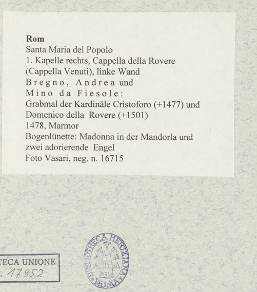 Rückseite von Vasari [https://www.deutsche-digitale-bibliothek.de/content/lizenzen/rv-ez/] Grabmal der Kardinäle Cristoforo (+1477) und Domenico della Rovere (+1501)Bogenlünette: Madonna in der Mandorla und zwei adorierende Engel - , bh477712_recto. Foto.
