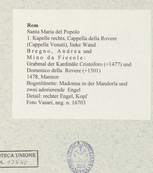 Rückseite von Vasari [https://www.deutsche-digitale-bibliothek.de/content/lizenzen/rv-ez/] Grabmal der Kardinäle Cristoforo (+1477) und Domenico della Rovere (+1501)Bogenlünette: Madonna in der Mandorla und zwei adorierende Engel - Detail: rechter Engel, Kopf, bh477713_recto. Foto.