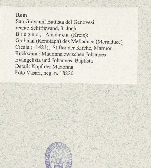 Rückseite von Vasari [https://www.deutsche-digitale-bibliothek.de/content/lizenzen/rv-ez/] Grabmal (Kenotaph) des Meliaduce (Meriaduce) Cicala (+1481), Stifter der KircheRückwand: Madonna zwischen Johannes Evangelista und Johannes Baptista - Detail: Kopf der Madonna, bh477746_recto. Foto.