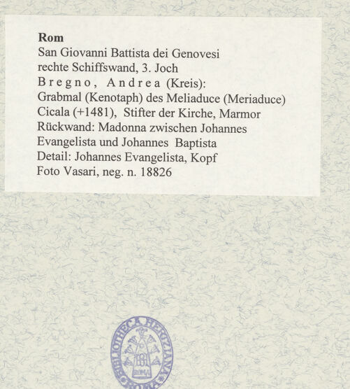 Rückseite von Vasari [https://www.deutsche-digitale-bibliothek.de/content/lizenzen/rv-ez/] Grabmal (Kenotaph) des Meliaduce (Meriaduce) Cicala (+1481), Stifter der KircheRückwand: Madonna zwischen Johannes Evangelista und Johannes Baptista - Detail: Johannes Evangelista, Kopf, bh477751_recto. Foto.