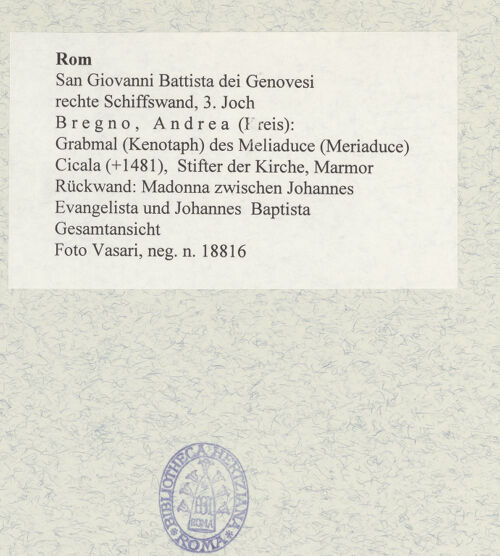 Rückseite von Vasari [https://rightsstatements.org/page/CNE/1.0/] Grabmal (Kenotaph) des Meliaduce (Meriaduce) Cicala (+1481), Stifter der KircheRückwand: Madonna zwischen Johannes Evangelista und Johannes Baptista - Gesamtansicht, bh477755_recto. Foto.