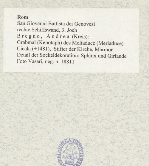 Rückseite von Vasari [https://www.deutsche-digitale-bibliothek.de/content/lizenzen/rv-ez/] Grabmal (Kenotaph) des Meliaduce (Meriaduce) Cicala (+1481), Stifter der Kirche - Detail der Sockeldekoration: Sphinx und Girlande, bh477763_recto. Foto.