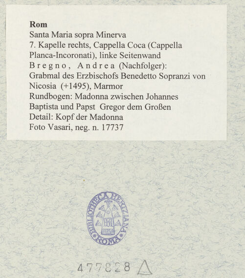 Rückseite von Vasari [https://www.deutsche-digitale-bibliothek.de/content/lizenzen/rv-ez/] Grabmal des Erzbischofs Benedetto Sopranzi von Nicosia (+1495)Rundbogen: Madonna zwischen Johannes Baptista und Papst Gregor dem Großen - Detail: Kopf der Madonna, bh477828_recto. Foto.