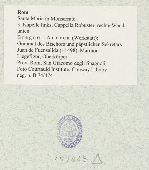 Rückseite von Courtauld Institute, Conway Library [https://www.deutsche-digitale-bibliothek.de/content/lizenzen/rv-ez/] Grabmal des Bischofs und päpstlichen Sekretärs Juan de Fuensalida (+1498) - Liegefigur, Oberkörper, bh477845_recto. Foto.