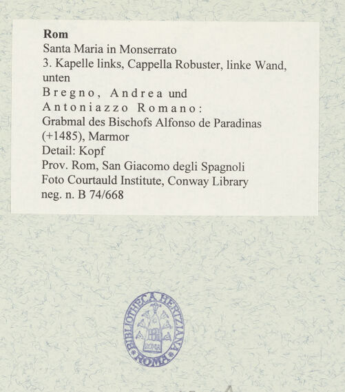Rückseite von Courtauld Institute, Conway Library [https://www.deutsche-digitale-bibliothek.de/content/lizenzen/rv-ez/] Grabmal des Bischofs Alfonso de Paradinas (+1485) - Detail: Kopf, bh477865_recto. Foto.