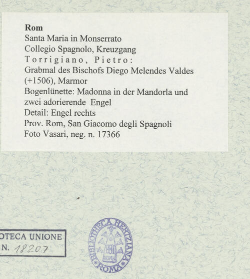 Rückseite von Vasari [https://www.deutsche-digitale-bibliothek.de/content/lizenzen/rv-ez/] Grabmal des Bischofs Diego Melendes Valdes (+1506)Bogenlünette: Madonna in der Mandorla und zwei adorierende Engel - Detail: Engel rechts, bh477873_recto. Foto.