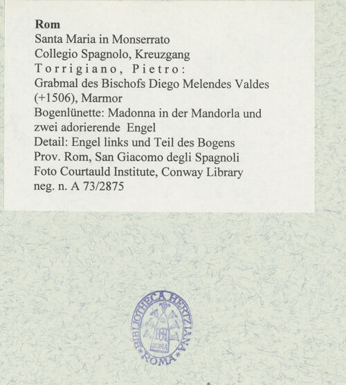 Rückseite von Courtauld Institute, Conway Library [https://www.deutsche-digitale-bibliothek.de/content/lizenzen/rv-ez/] Grabmal des Bischofs Diego Melendes Valdes (+1506)Bogenlünette: Madonna in der Mandorla und zwei adorierende Engel - Detail: Engel links und Teil des Bogens, bh477876_recto. Foto.