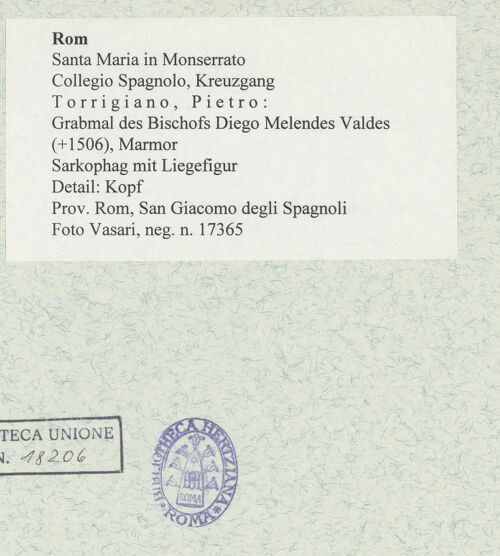 Rückseite von Vasari [https://www.deutsche-digitale-bibliothek.de/content/lizenzen/rv-ez/] Grabmal des Bischofs Diego Melendes Valdes (+1506)Sarkophag mit Liegefigur - Detail: Kopf, bh477884_recto. Foto.