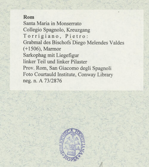 Rückseite von Courtauld Institute, Conway Library [https://rightsstatements.org/page/CNE/1.0/] Grabmal des Bischofs Diego Melendes Valdes (+1506)Sarkophag mit Liegefigur - linker Teil und linker Pilaster, bh477888_recto. Foto.