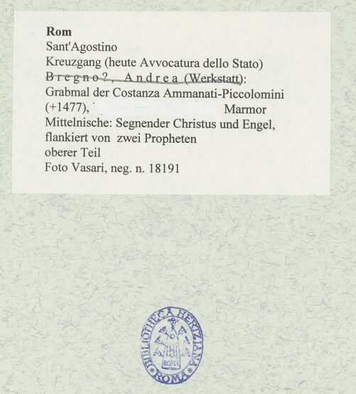 Rückseite von Vasari [https://www.deutsche-digitale-bibliothek.de/content/lizenzen/rv-ez/] Grabmal der Costanza Ammanati-Piccolomini (+1477)Mittelnische: Segnender Christus und Engel, flankiert von zwei Propheten - oberer Teil, bh477908_recto. Foto.