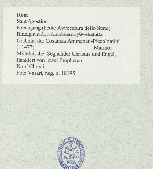 Rückseite von Vasari [https://www.deutsche-digitale-bibliothek.de/content/lizenzen/rv-ez/] Grabmal der Costanza Ammanati-Piccolomini (+1477)Mittelnische: Segnender Christus und Engel, flankiert von zwei Propheten - Kopf Christi, bh477909_recto. Foto.