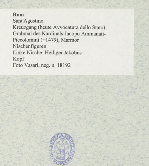 Rückseite von Vasari [https://www.deutsche-digitale-bibliothek.de/content/lizenzen/rv-ez/] Grabmal des Kardinals Jacopo Ammanati-Piccolomini (+1479)NischenfigurenLinke Nische: Heiliger Jakobus - Kopf, bh477922_recto. Foto.