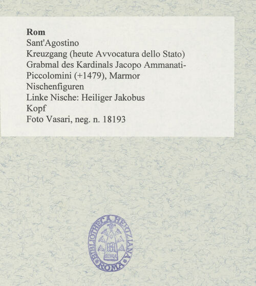 Rückseite von Vasari [https://www.deutsche-digitale-bibliothek.de/content/lizenzen/rv-ez/] Grabmal des Kardinals Jacopo Ammanati-Piccolomini (+1479)NischenfigurenLinke Nische: Heiliger Jakobus - Kopf, bh477923_recto. Foto.