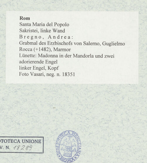 Rückseite von Vasari [https://www.deutsche-digitale-bibliothek.de/content/lizenzen/rv-ez/] Grabmal des Erzbischofs von Salerno, Guglielmo Rocca (+1482)Lünette: Madonna in der Mandorla und zwei adorierende Engel - linker Engel, Kopf, bh478009_recto. Foto.