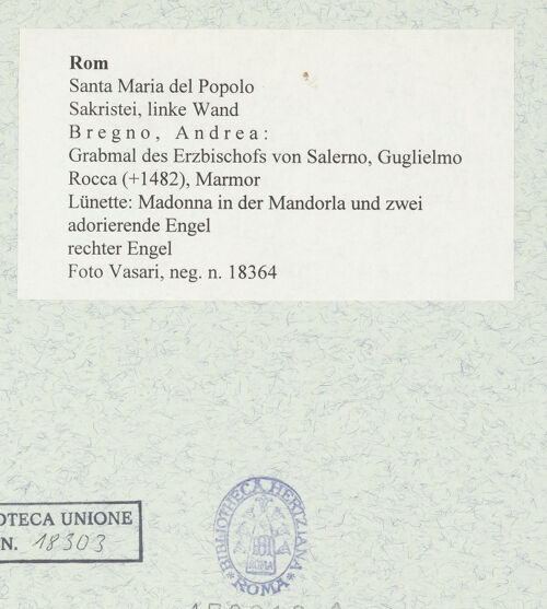 Rückseite von Vasari [https://www.deutsche-digitale-bibliothek.de/content/lizenzen/rv-ez/] Grabmal des Erzbischofs von Salerno, Guglielmo Rocca (+1482)Lünette: Madonna in der Mandorla und zwei adorierende Engel - rechter Engel, bh478010_recto. Foto.