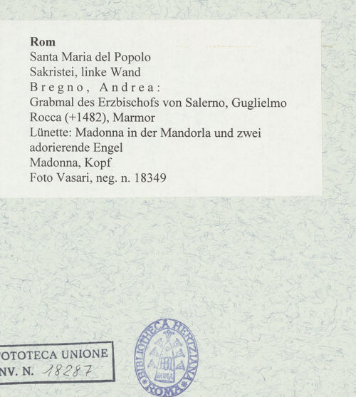 Rückseite von Vasari [https://www.deutsche-digitale-bibliothek.de/content/lizenzen/rv-ez/] Grabmal des Erzbischofs von Salerno, Guglielmo Rocca (+1482)Lünette: Madonna in der Mandorla und zwei adorierende Engel - Madonna, Kopf, bh478013_recto. Foto.