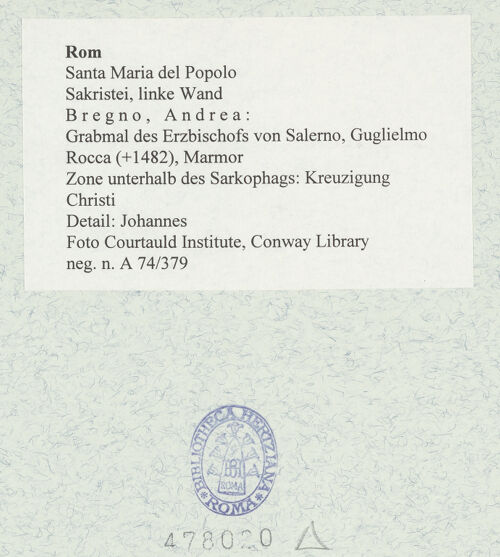 Rückseite von Courtauld Institute, Conway Library [https://www.deutsche-digitale-bibliothek.de/content/lizenzen/rv-ez/] Grabmal des Erzbischofs von Salerno, Guglielmo Rocca (+1482)Zone unterhalb des Sarkophags: Kreuzigung Christi - Detail: Johannes, bh478020_recto. Foto.