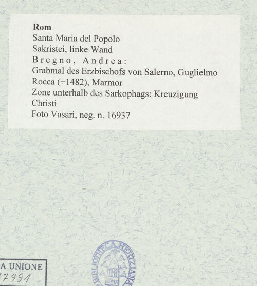 Rückseite von Vasari [https://www.deutsche-digitale-bibliothek.de/content/lizenzen/rv-ez/] Grabmal des Erzbischofs von Salerno, Guglielmo Rocca (+1482)Zone unterhalb des Sarkophags: Kreuzigung Christi - , bh478023_recto. Foto.