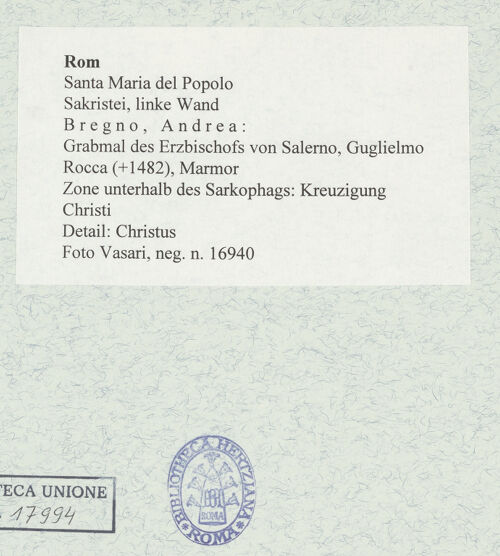 Rückseite von Vasari [https://www.deutsche-digitale-bibliothek.de/content/lizenzen/rv-ez/] Grabmal des Erzbischofs von Salerno, Guglielmo Rocca (+1482)Zone unterhalb des Sarkophags: Kreuzigung Christi - Detail: Christus, bh478024_recto. Foto.