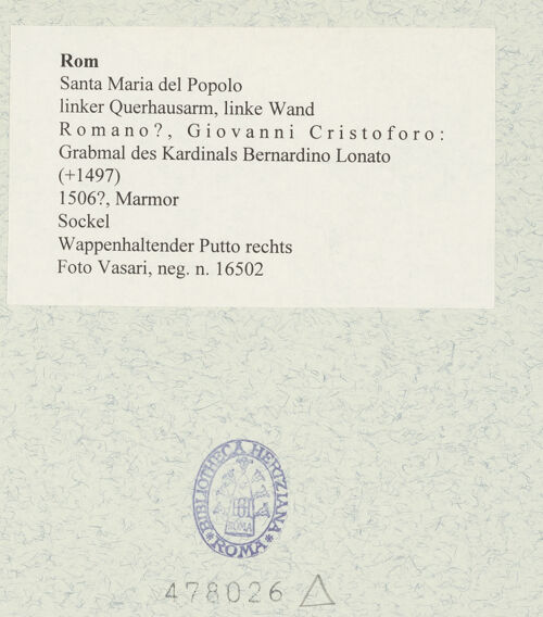 Rückseite von Vasari [https://www.deutsche-digitale-bibliothek.de/content/lizenzen/rv-ez/] Grabmal des Kardinals Bernardino Lonato (+1497)Wappenhaltender Putto rechts - , bh478026_recto. Foto.
