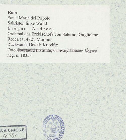 Rückseite von Vasari [https://www.deutsche-digitale-bibliothek.de/content/lizenzen/rv-ez/] Grabmal des Erzbischofs von Salerno, Guglielmo Rocca (+1482) - Rückwand, Detail: Kruzifix, bh478028_recto. Foto.