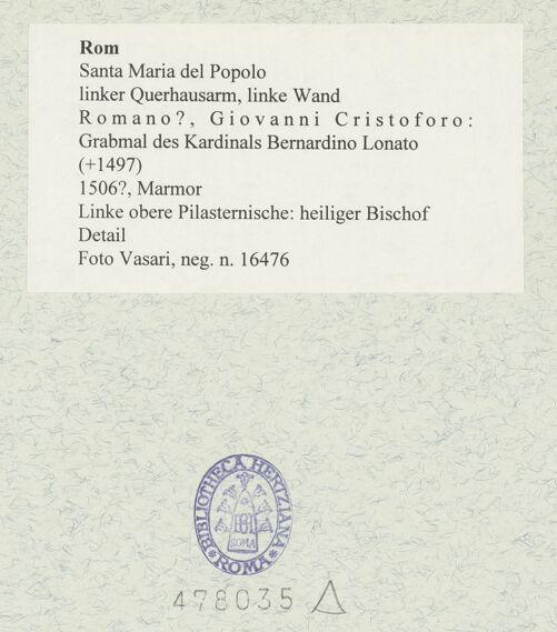 Rückseite von Vasari [https://www.deutsche-digitale-bibliothek.de/content/lizenzen/rv-ez/] Grabmal des Kardinals Bernardino Lonato (+1497)HeiligenfigurenLinke obere Pilasternische: heiliger Bischof - Detail, bh478035_recto. Foto.