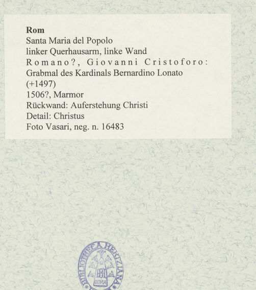 Rückseite von Vasari [https://www.deutsche-digitale-bibliothek.de/content/lizenzen/rv-ez/] Grabmal des Kardinals Bernardino Lonato (+1497)Rückwand: Auferstehung Christi - Detail: Christus, bh478036_recto. Foto.